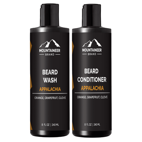 Two bottles of Mountaineer Brand Products' Beard Wash and Beard Conditioner Combo, perfect for the eco-conscious individual.