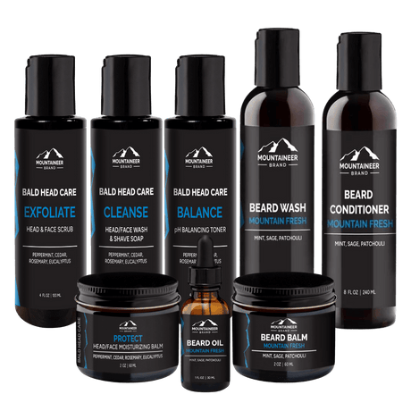 A value-packed Mountaineer Brand Products Bald and Bearded Kit offering bald and bearded grooming solutions, including a bottle of beard oil.