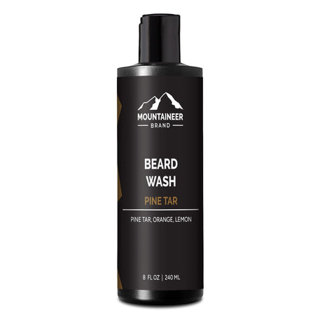 An organic bottle of Mountaineer Brand Products Pine Tar Beard Wash on a white background.