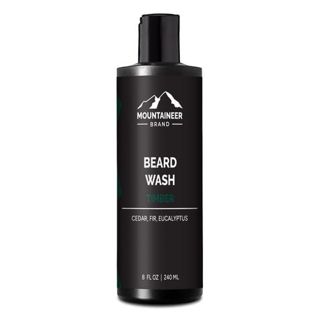 A bottle of Timber Beard Wash from Mountaineer Brand Products on a white background.
