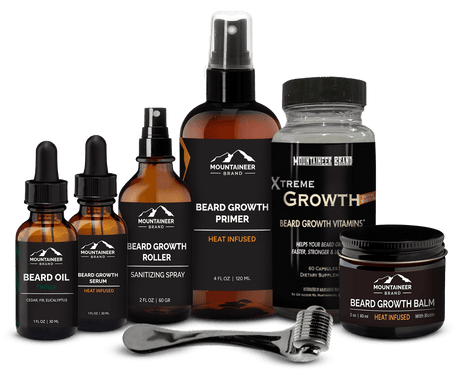 A collection of The Beard Envy Kit for men's hair growth from Mountaineer Brand Products.