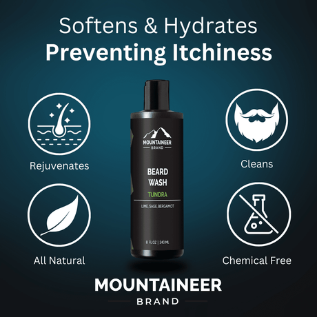 Mountaineer Brand Products' Essential 7 Beard Wash is soft & hydrating with all natural ingredients. Perfect for your grooming routine, preventing itchiness.