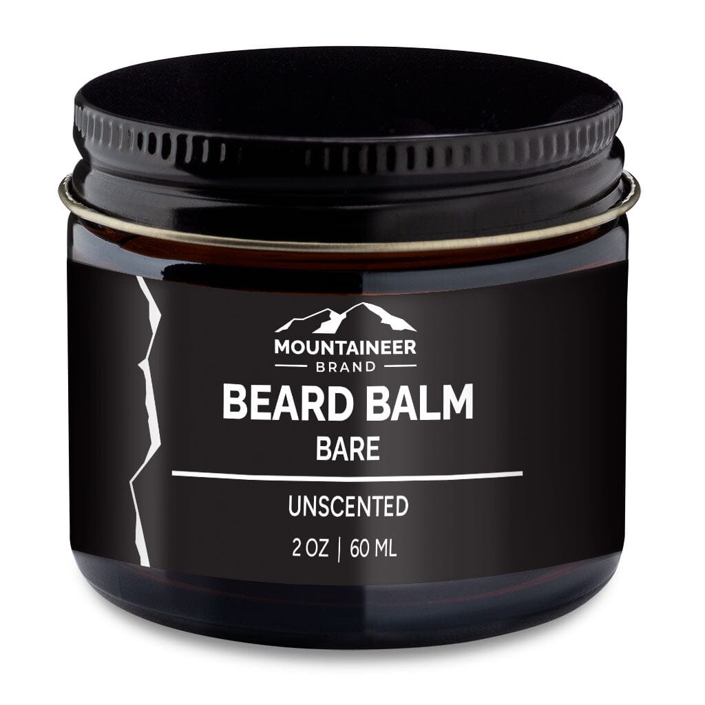 A black jar of Mountaineer Brand Products Natural Beard Balm labeled "bare unscented," infused with natural essential oils, housed in a clear glass container with a white lid, containing 2 oz.