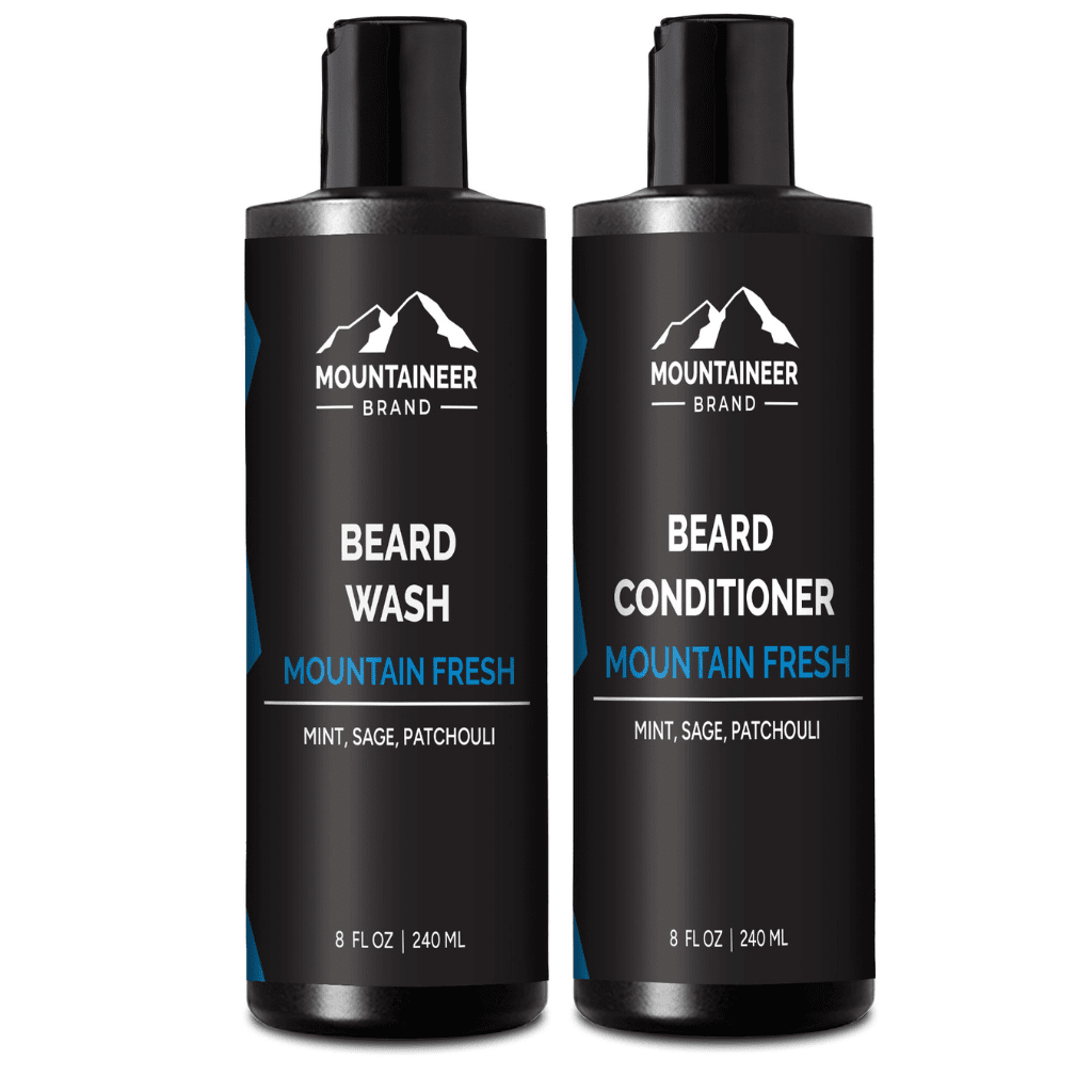 Two bottles of Mountaineer Brand Products' Beard Wash and Beard Conditioner Combo, perfect for the eco-conscious individual.