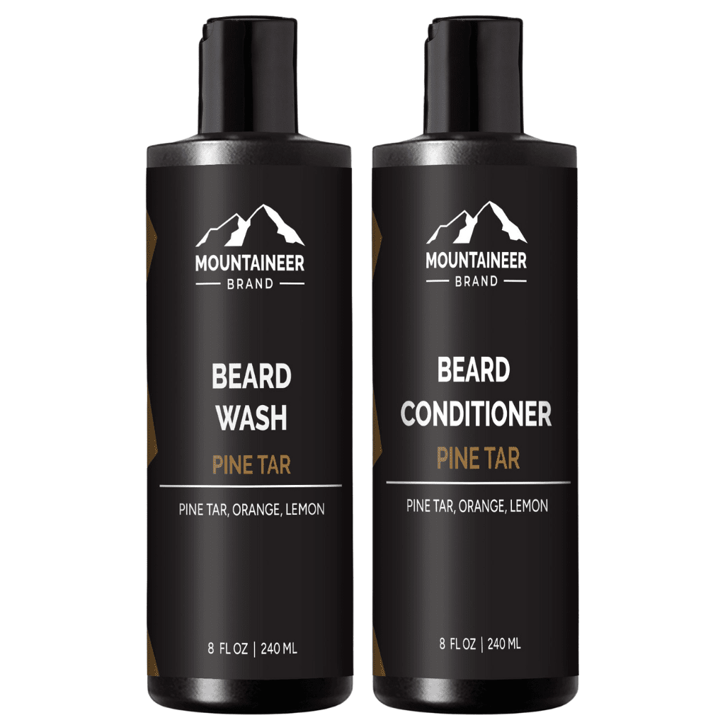 Two bottles of Mountaineer Brand Products' Beard Wash and Beard Conditioner Combo, perfect for the eco-conscious individual.