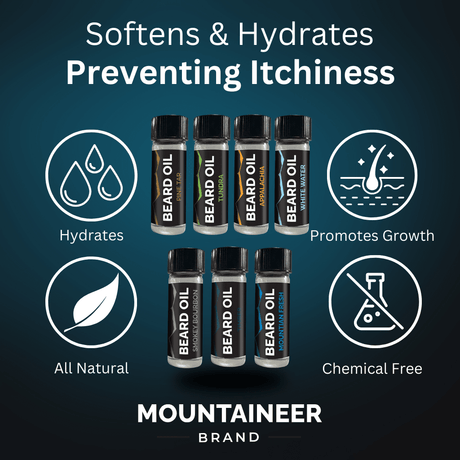 Mountaineer Brand Products Beard Oil Sample Kit softens and hydrates, preventing itchiness while offering a range of invigorating scents.