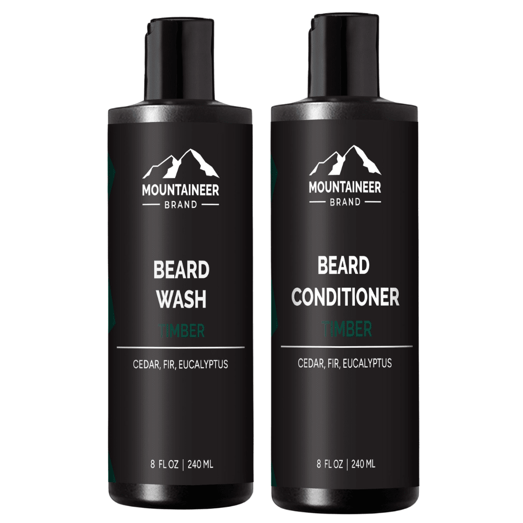 Two bottles of Mountaineer Brand Products' Beard Wash and Beard Conditioner Combo, perfect for the eco-conscious individual.