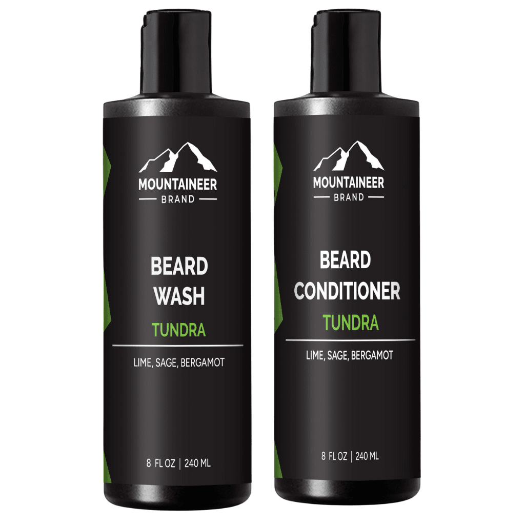 Two bottles of Mountaineer Brand Products' Beard Wash and Beard Conditioner Combo, perfect for the eco-conscious individual.