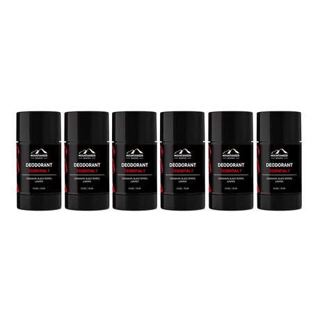 Six Mountaineer Brand Products all natural and chemical-free black and red Natural Deodorant 6-Pack sticks on a white background.