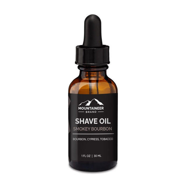 An all-natural bottle of Mountaineer Brand Products Pre-Shave Oil on a white background.