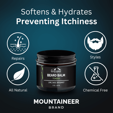 Soft & hydrates preventing itchiness Tundra Beard Balm by Mountaineer Brand Products.