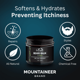 All-natural Appalachia Beard Balm by Mountaineer Brand Products that softens & hydrates, providing relief from itchiness. Perfect for men's care.