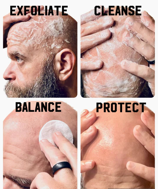How to exfoliate, cleanse and protect your bald head with Bald Head Protect from Mountaineer Brand Products.