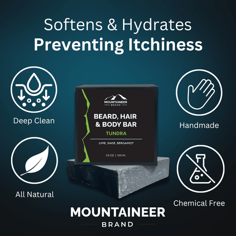 A Mountaineer Brand Products' 9 Bar Soap Variety Pack + FREE Deodorant with the words soft & hydrates, ideal for preventing hair and body dryness.