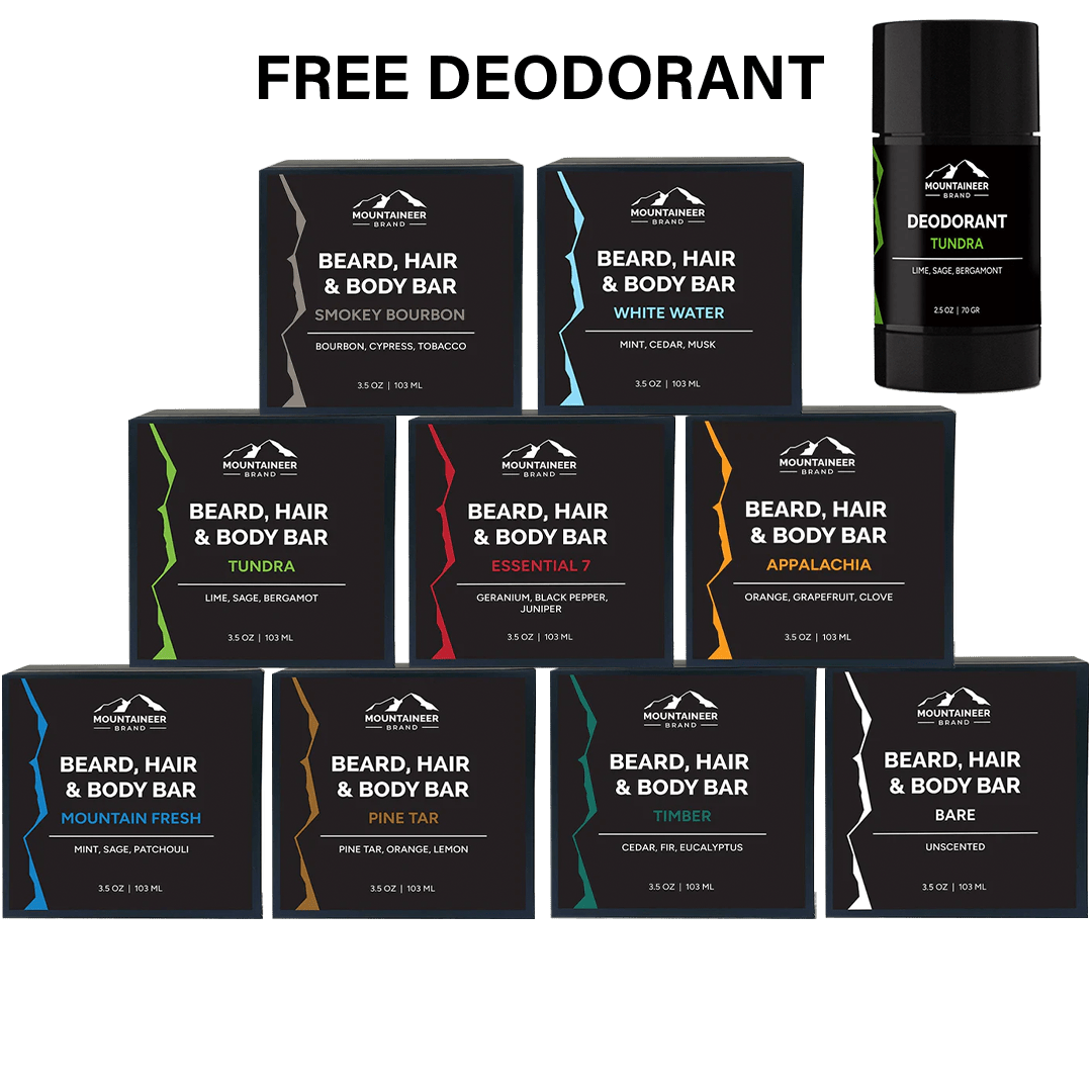 Mountaineer Brand Products' 9 Bar Soap Variety Pack + FREE Deodorant is an all natural deodorant pack for men and women, with no chemicals.