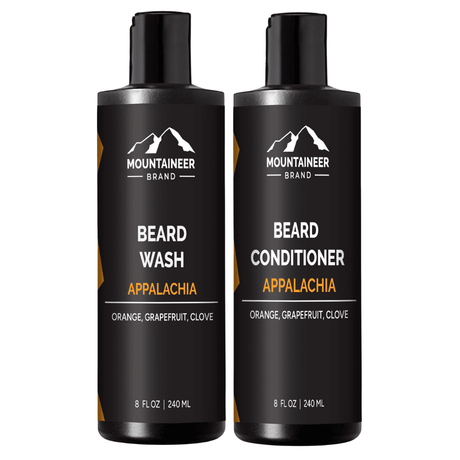 Two bottles of Mountaineer Brand Products' Beard Wash and Beard Conditioner Combo, perfect for the eco-conscious individual.