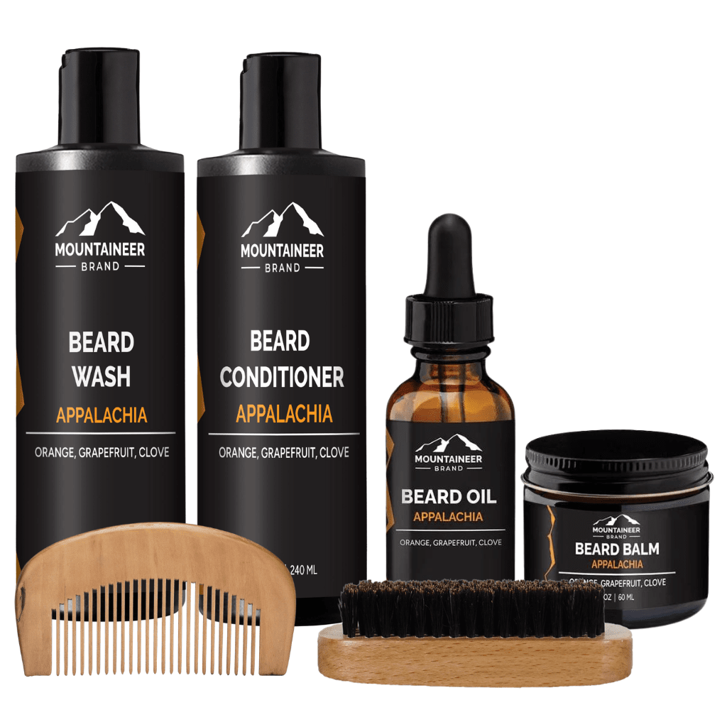 A grooming kit consisting of The Starter Beard Kit by Mountaineer Brand Products, which includes a beard brush, beard oil, and beard conditioner for optimal care of your facial hair.