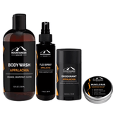A collection of Mountaineer Brand Products, including body wash, deodorant, muscle rub, and pain relief ointment, with an Appalachia scent theme. This Gym Bag Kit is