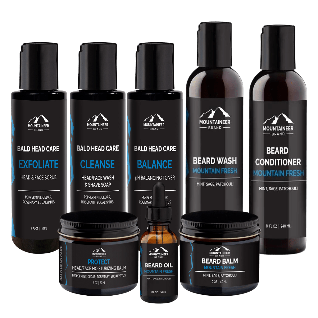 A value-packed Mountaineer Brand Products Bald and Bearded Kit offering bald and bearded grooming solutions, including a bottle of beard oil.