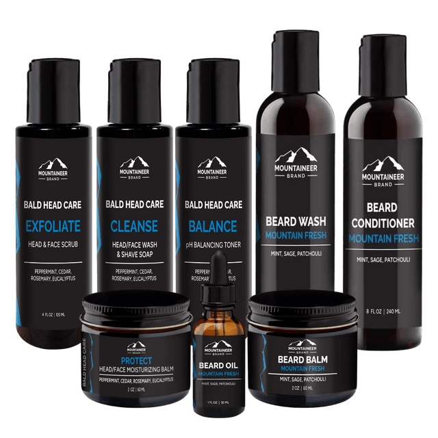 A value-packed Mountaineer Brand Products Bald and Bearded Kit offering bald and bearded grooming solutions, including a bottle of beard oil.