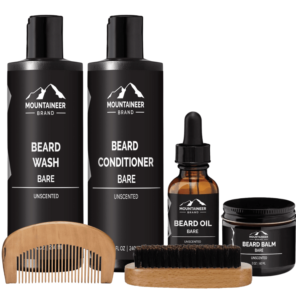 The Mountaineer Brand Products Starter Beard Kit offers a grooming experience with a beard wash, conditioner, and comb.