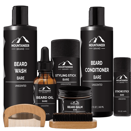 A comprehensive beard care kit with The Ultimate Beard Kit from Mountaineer Brand Products, including a beard brush, beard wash, and a beard comb.