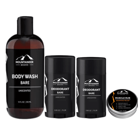 A set of Mountaineer Brand Products Gym Bag Kit designed for fitness enthusiasts, including unscented body wash, two deodorants, and muscle rub - perfect for a post-workout routine as a Gym.