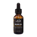 Amber glass bottle with dropper containing Mountaineer Brand Products Natural Beard Oil labeled "Appalachia" with orange and grapefruit scent, enhanced with natural oils, 1 fl oz/30 ml.