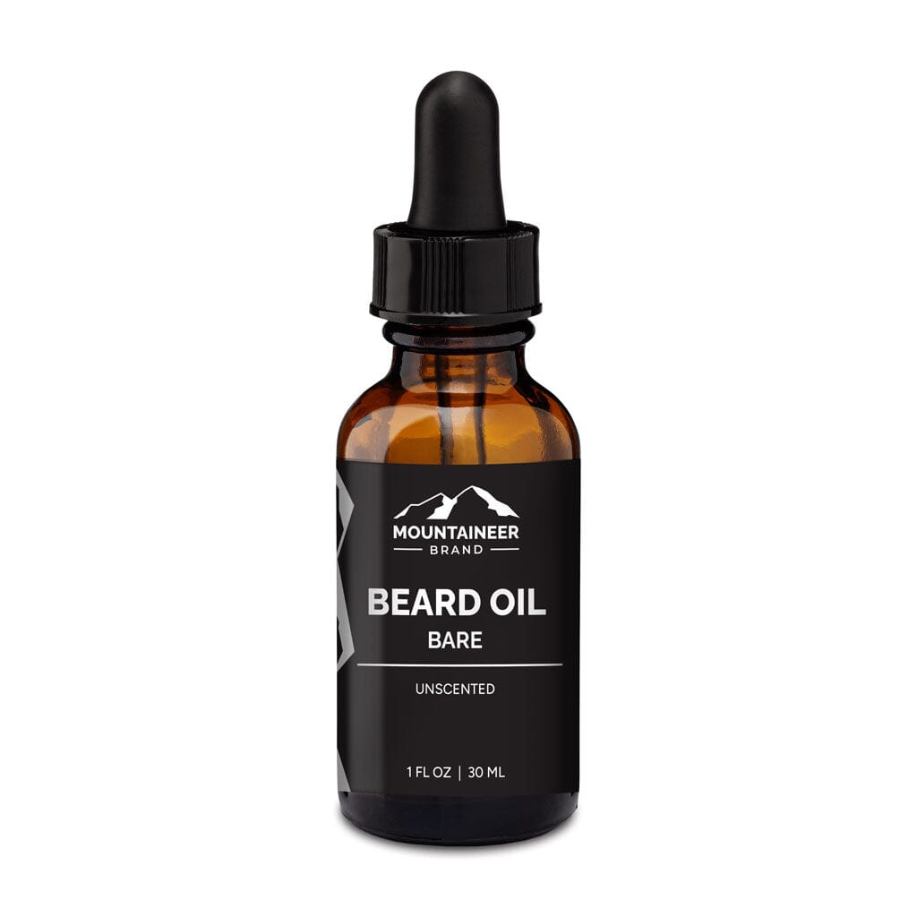 A bottle of Mountaineer Brand Products Natural Beard Oil with a dropper, containing 1 fl oz (30 ml) of natural oils, isolated on a white background.