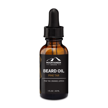 An organic Pine Tar Beard Oil by Mountaineer Brand Products on a white background.