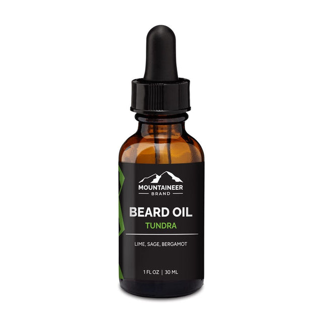 An all-natural Tundra Beard Oil from Mountaineer Brand Products, perfect for men's care.