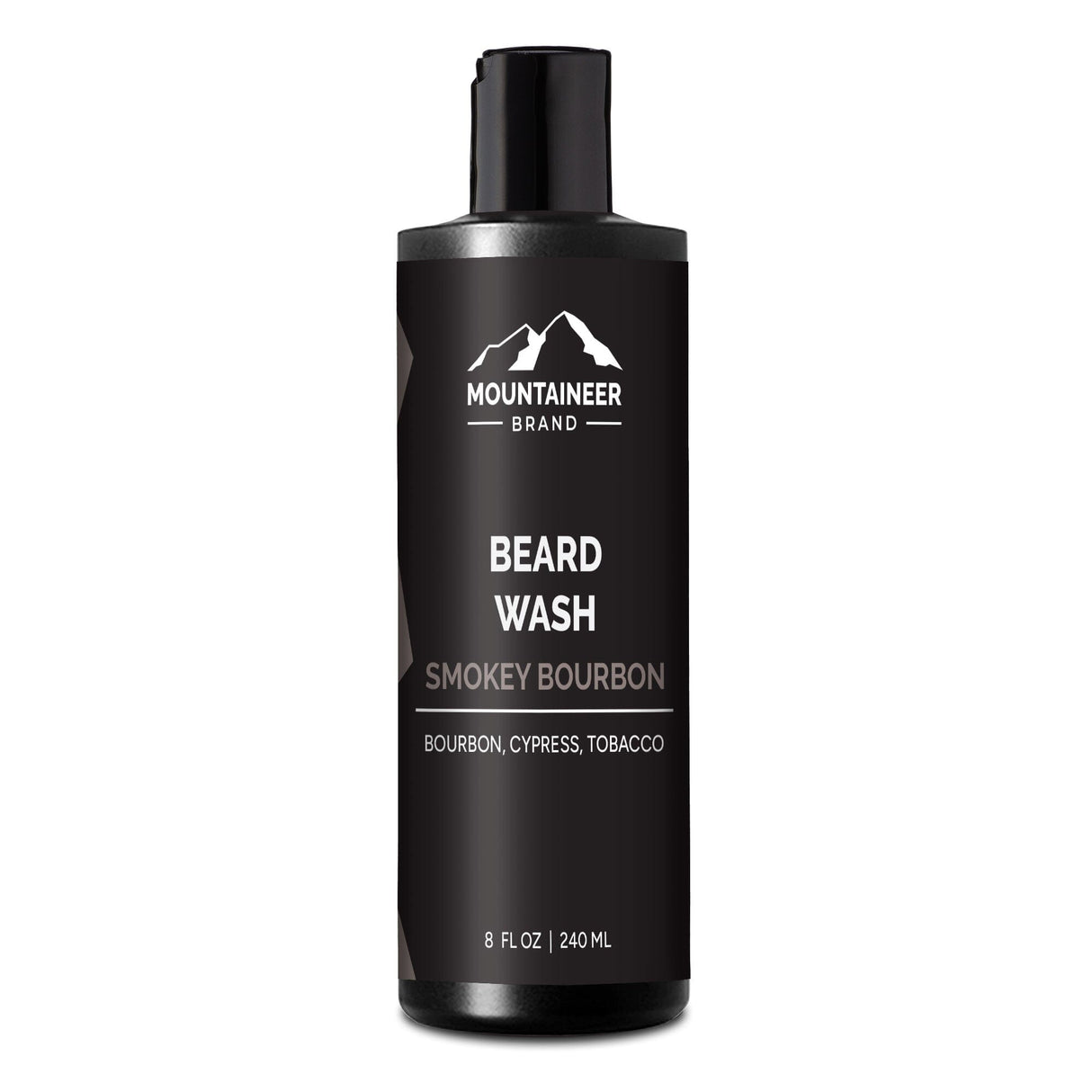 A bottle of Smokey Bourbon Beard Wash, containing natural ingredients, on a white background.