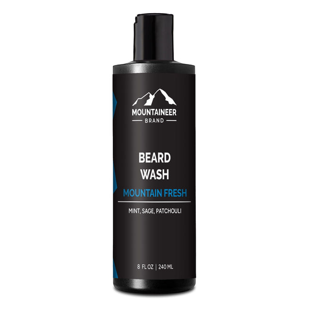 A bottle of Mountain Fresh Beard Wash, made with natural ingredients, on a white background. Brand name: Mountaineer Brand Products.
