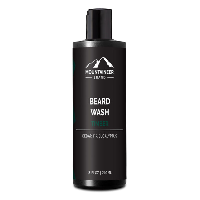 A bottle of Timber Beard Wash from Mountaineer Brand Products on a white background.