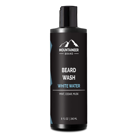 An organic bottle of Mountaineer Brand Products White Water Beard Wash on a white background.