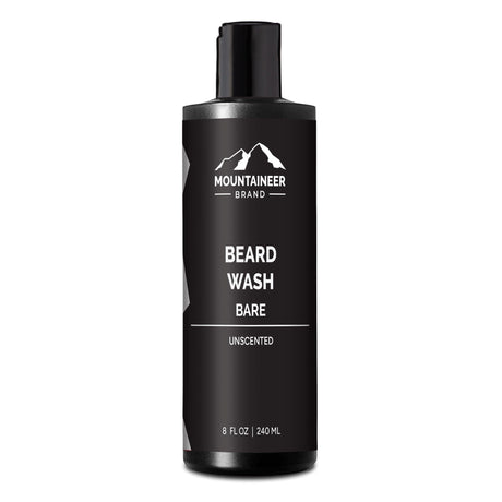 A bottle of fresh and revitalized Bare Beard Wash, made with natural ingredients, on a white background from Mountaineer Brand Products.