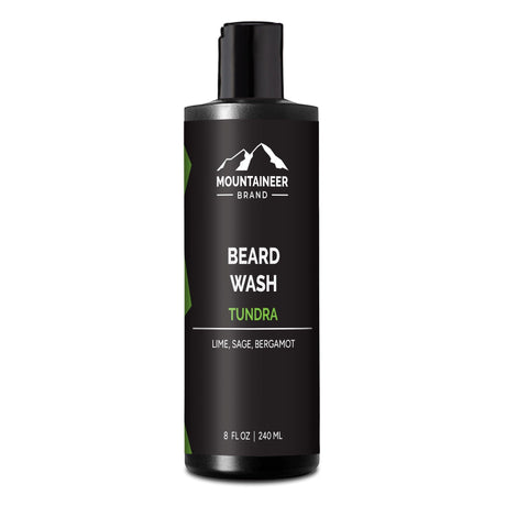 A bottle of Tundra Beard Wash, made with natural ingredients, on a white background.