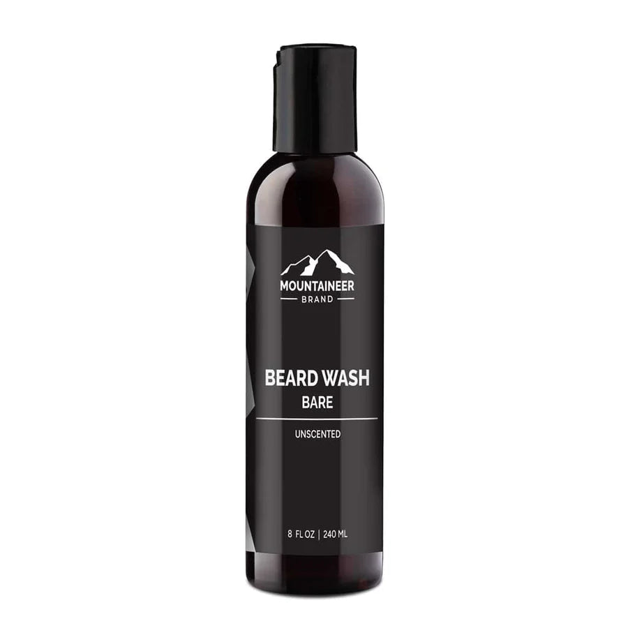 Bottle of Mountaineer Brand Products Natural Beard Wash labeled "bare unscented" with a logo featuring mountains, formulated for a deep clean, 8 fl oz (240 ml) size.