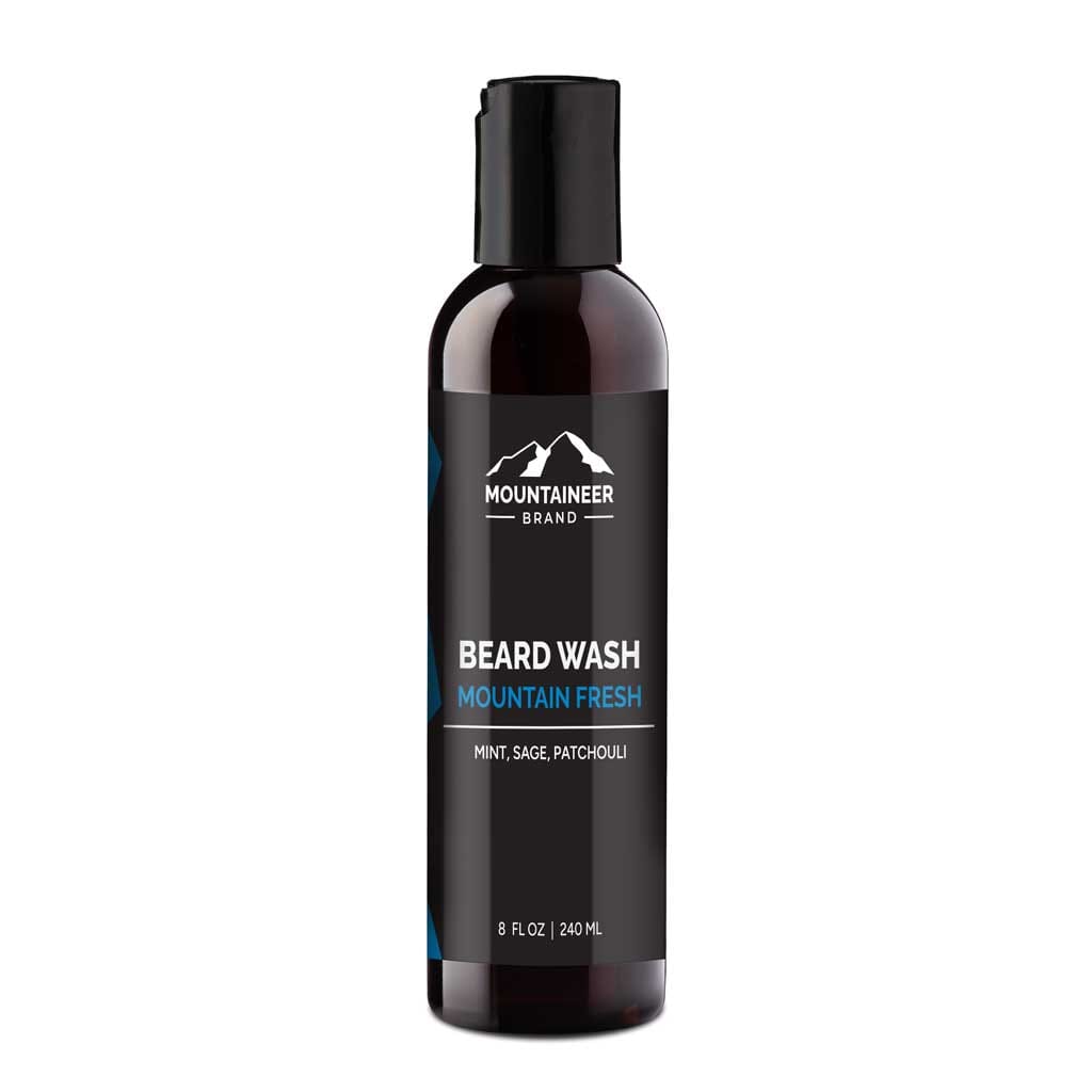 Bottle of Mountaineer Brand Products Natural Beard Wash labeled "mountain fresh" with mint, sage, and patchouli, featuring natural ingredients, 8 fl oz (240 ml), on a white