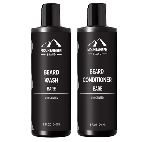 Two bottles of Mountaineer Brand Products' Beard Wash and Beard Conditioner Combo, perfect for the eco-conscious individual.