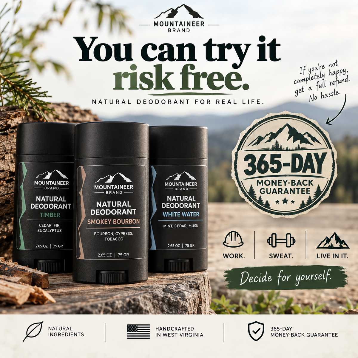 Mountaineer Brand natural deodorant 365 day guarantee