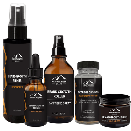A Mountaineer Brand Products Complete Beard Growth System - Refill Kit with a bottle of all natural beard oil and a jar of beard balm, free from any chemicals.