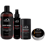 A collection of Mountaineer Brand Products men's grooming products, perfect for your post-workout routine, including body wash, deodorant, muscle rub, and flex spray.