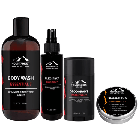 A collection of Mountaineer Brand Products' Gym Bag Kit, ideal for fitness enthusiasts' post-workout routine, including body wash, flex spray, deodorant, and muscle rub in a Gym Bag.