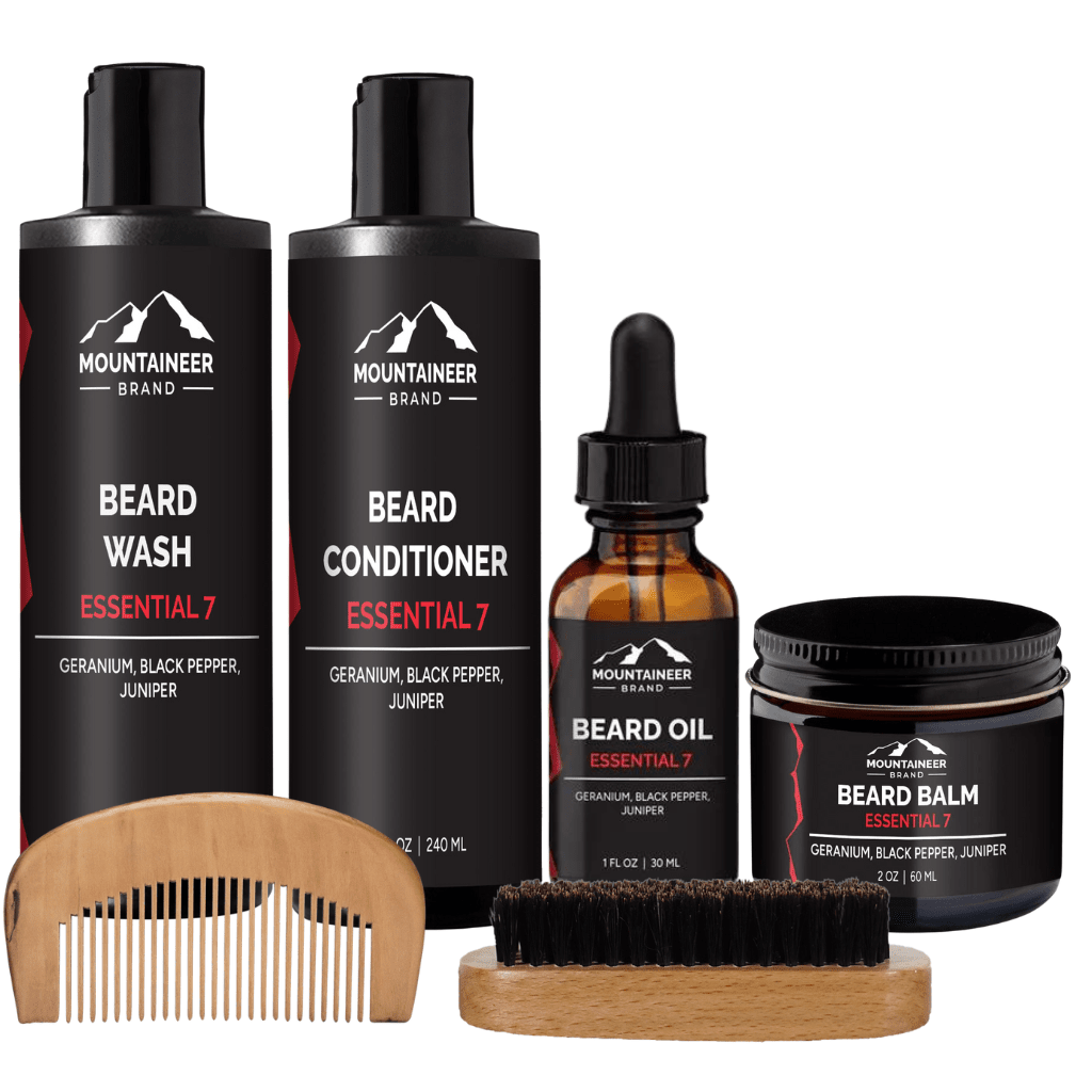 Mountaineer Brand Products' The Starter Beard Kit for complete beard care. This comprehensive grooming routine includes beard oil, beard conditioner, along with a high-quality beard brush and comb.