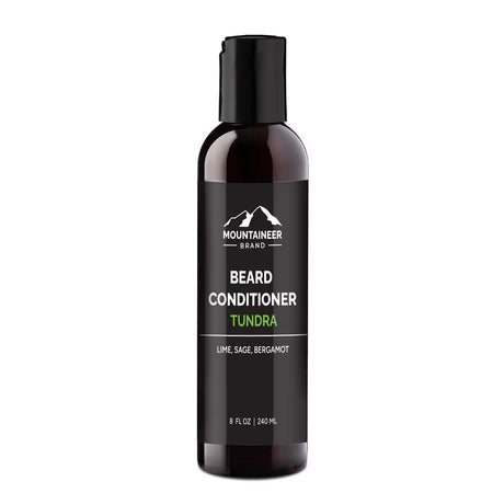 Black bottle of Mountaineer Brand Products Natural Beard Conditioner co-wash labeled "tundra" with lime, sage, and bergamot scents, 8 fl oz (240 ml).