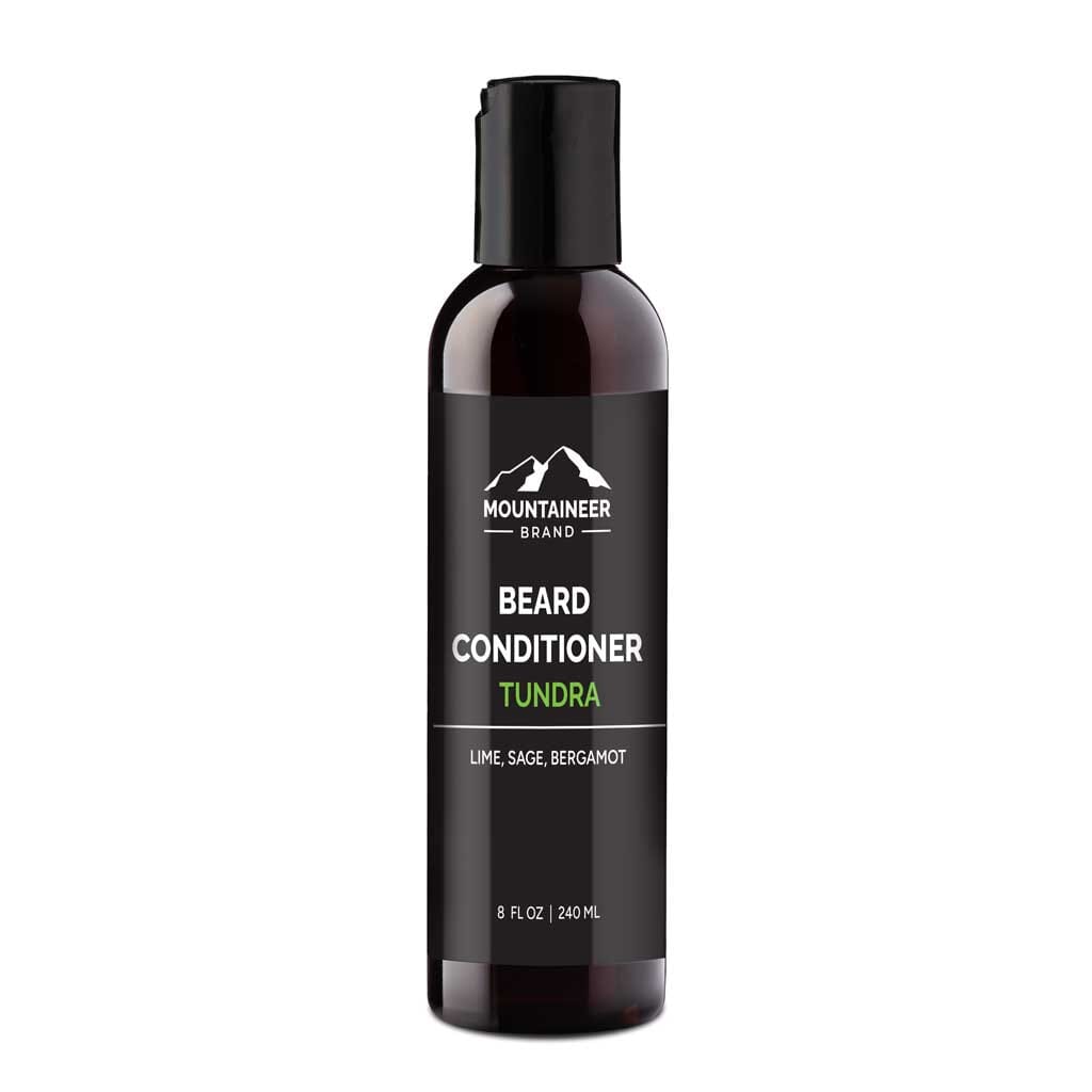 Black bottle of Mountaineer Brand Products Natural Beard Conditioner co-wash labeled "tundra" with lime, sage, and bergamot scents, 8 fl oz (240 ml).