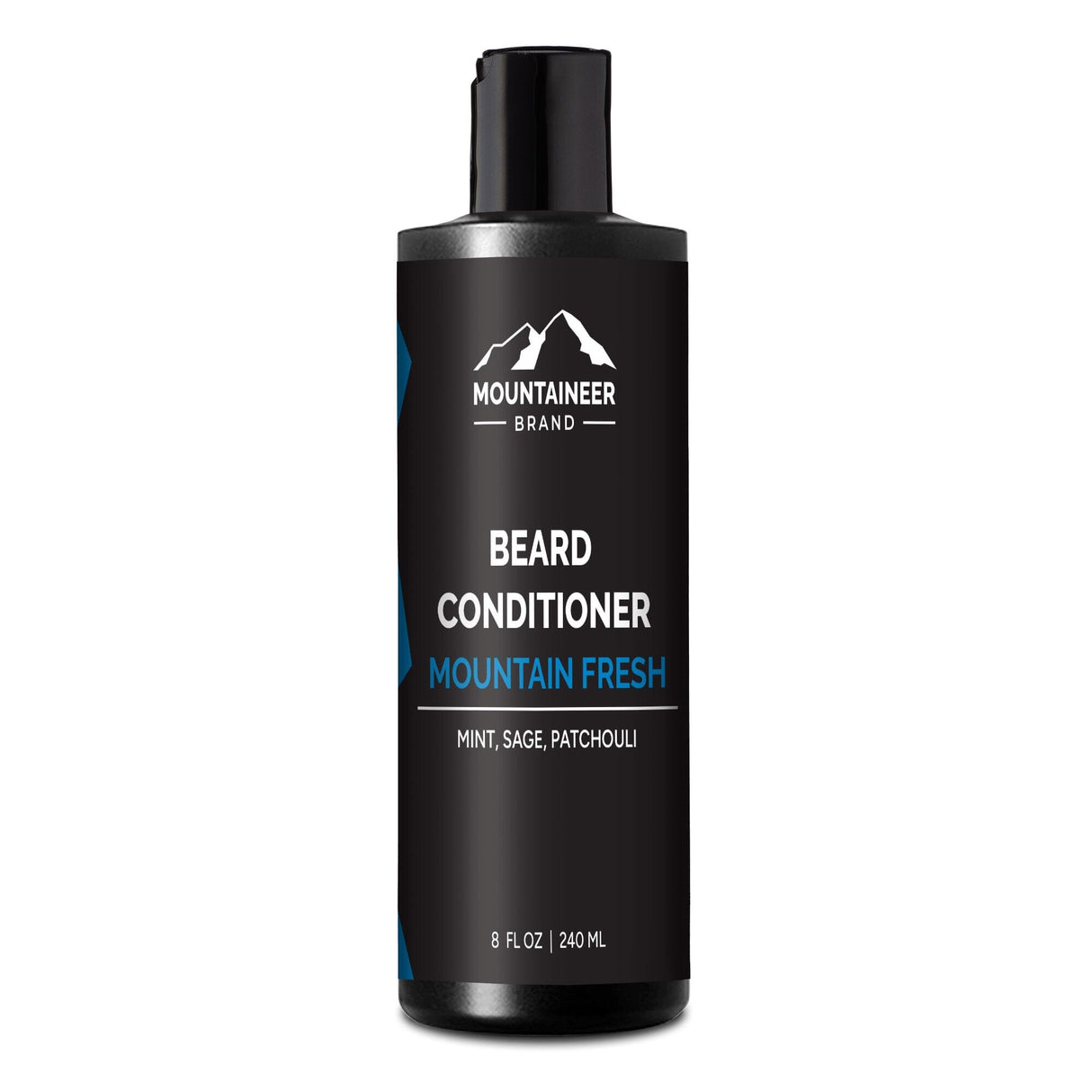 An all-natural bottle of Mountain Fresh Beard Conditioner by Mountaineer Brand Products on a white background.
