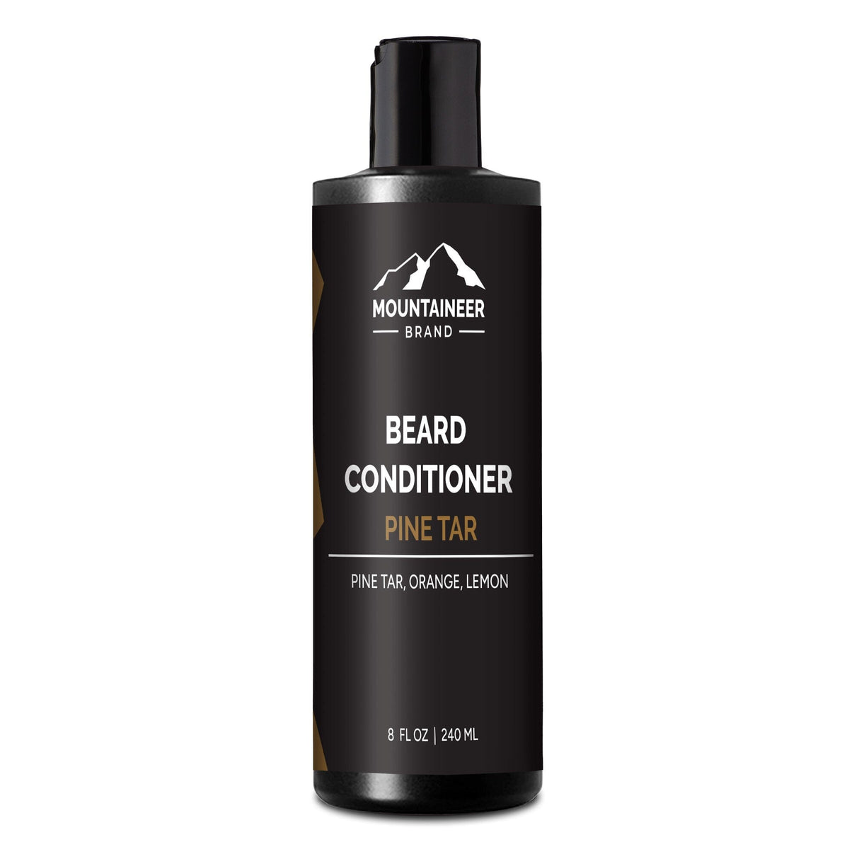 A bottle of Mountaineer Brand Products Pine Tar Beard Conditioner with natural ingredients on a white background.