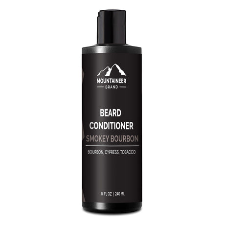 An organic bottle of Mountaineer Brand Products' Smokey Bourbon Beard Conditioner on a white background.